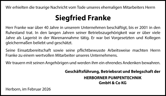 Traueranzeige von Siegfried Franke von Dill Block