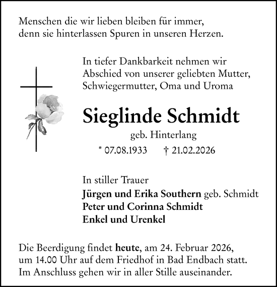 Traueranzeige von Sieglinde Schmidt von Hinterländer Anzeiger