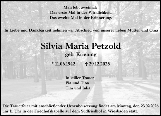 Traueranzeige von Silvia Maria Petzold von Wiesbadener Kurier