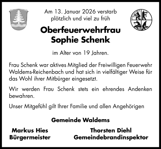 Traueranzeige von Sophie Schenk von Camberger Anzeiger