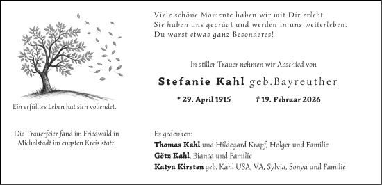 Traueranzeige von Stefanie Kahl von Odenwälder Echo