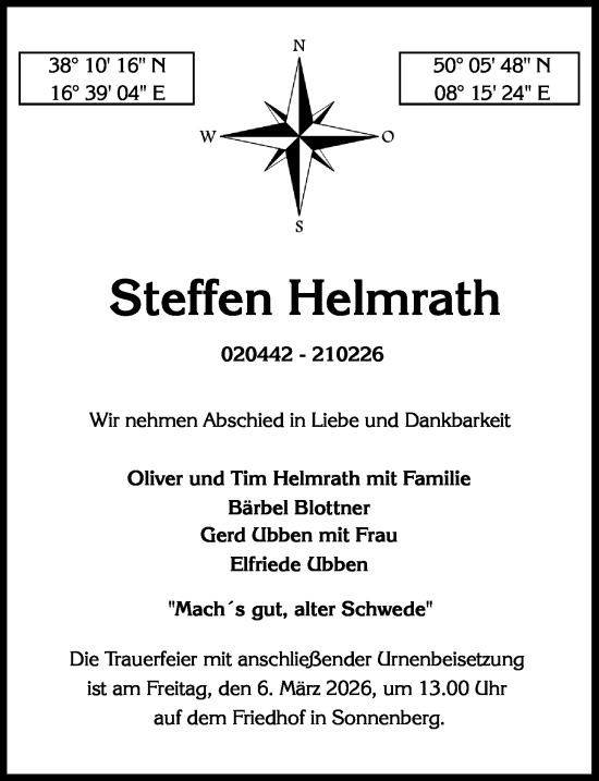 Traueranzeige von Steffen Helmrath von Wiesbadener Kurier
