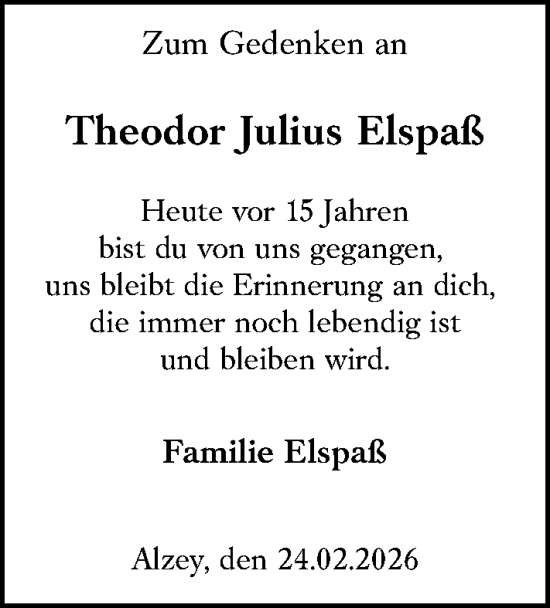 Traueranzeige von Theodor Julius Elspaß von Allgemeine Zeitung Alzey