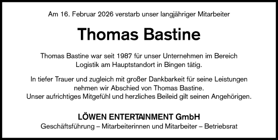 Traueranzeige von Thomas Bastine von Allgemeine Zeitung Rheinhessen-Nahe