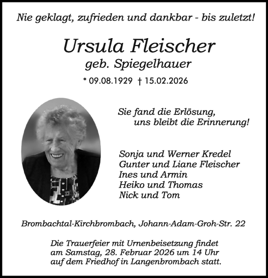 Traueranzeige von Ursula Fleischer von Odenwälder Echo