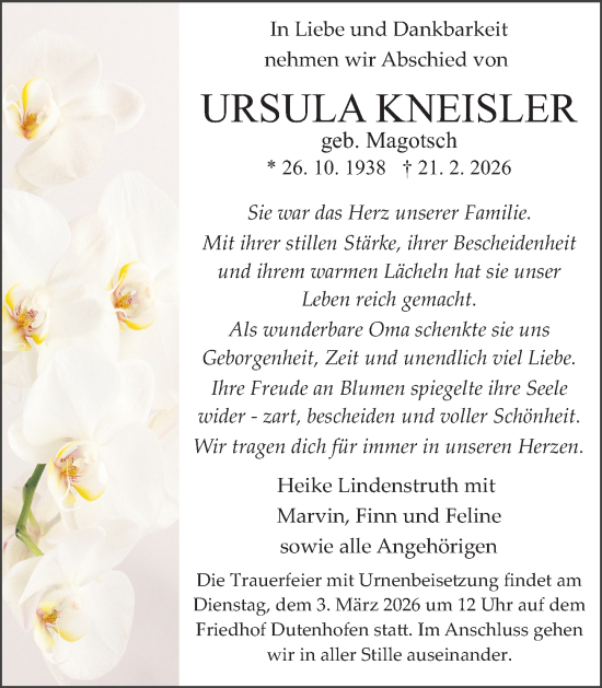 Traueranzeige von Ursula Kneisler von Wetzlarer Neue Zeitung
