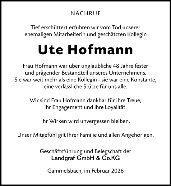 Traueranzeige von Ute Hofmann von Odenwälder Echo