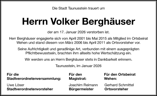 Traueranzeige von Volker Berghäuser von Idsteiner Land/Untertaunus