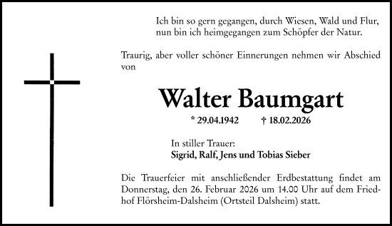 Traueranzeige von Walter Baumgart von Wormser Zeitung