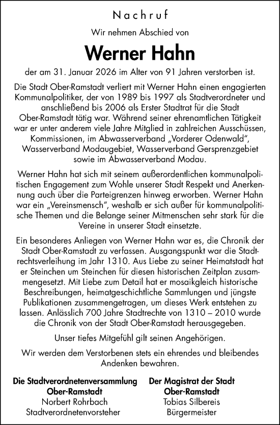 Traueranzeige von Werner Hahn von Darmstädter Echo