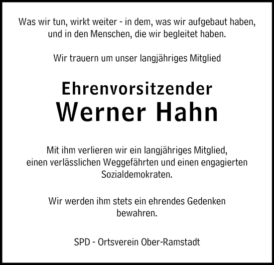 Traueranzeige von Werner Hahn von Darmstädter Echo