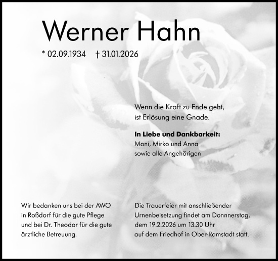 Traueranzeige von Werner Hahn von Darmstädter Echo