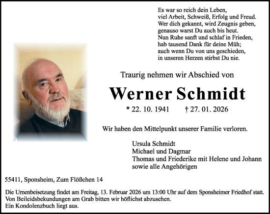 Traueranzeige von Werner Schmidt von Binger-/Ingelheimer Wochenblatt