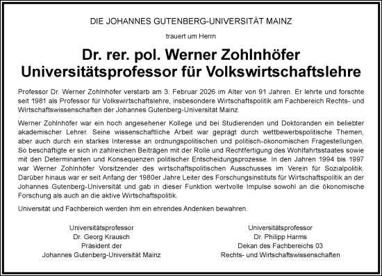Traueranzeige von Werner Zohlnhöfer von Allgemeine Zeitung Mainz
