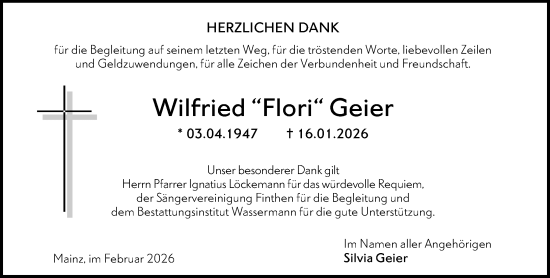 Traueranzeige von Wilfried Geier von Allgemeine Zeitung Mainz