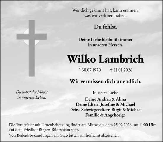 Traueranzeige von Wilko Lambrich von Binger-/Ingelheimer Wochenblatt