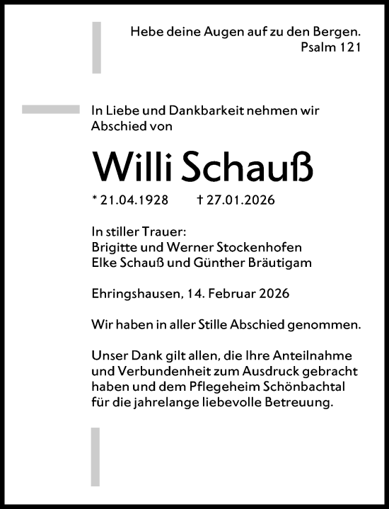 Traueranzeige von Willi Schauß von Wetzlarer Neue Zeitung