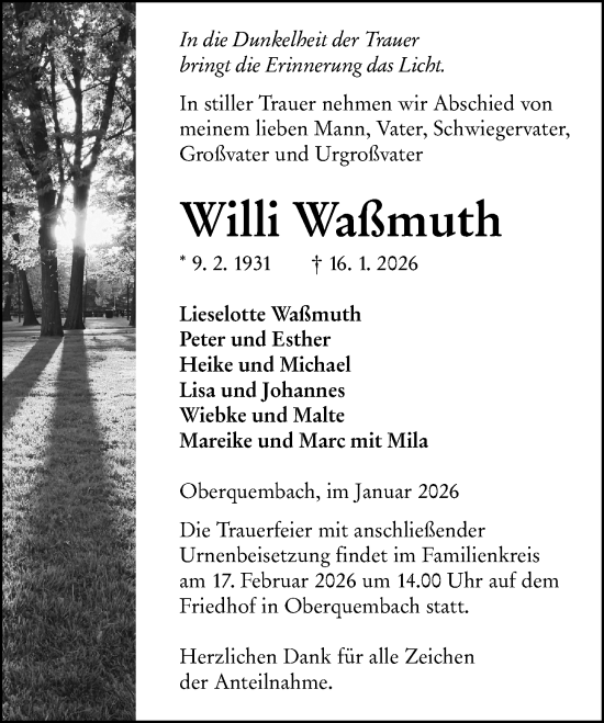 Traueranzeige von Willi Waßmuth von Wetzlarer Neue Zeitung