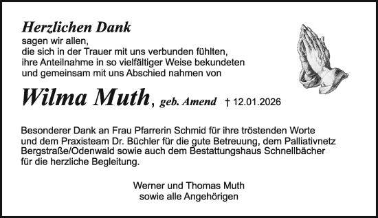 Traueranzeige von Wilma Muth von Odenwälder Echo
