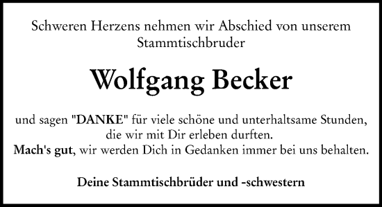 Traueranzeige von Wolfgang Becker von Allgemeine Zeitung Mainz