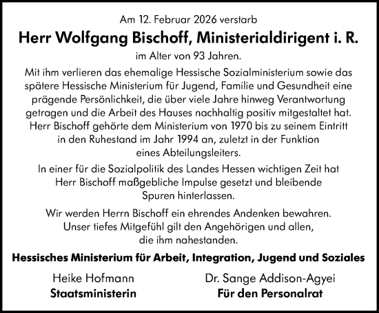 Traueranzeige von Wolfgang Bischoff von Wiesbadener Kurier