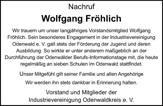 Traueranzeige von Wolfgang Fröhlich von Odenwälder Echo