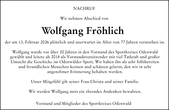Traueranzeige von Wolfgang Fröhlich von Odenwälder Echo