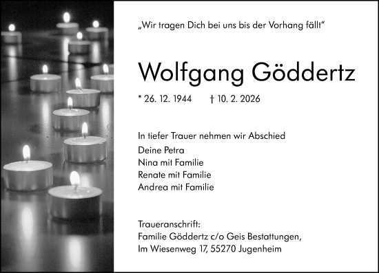Traueranzeige von Wolfgang Göddertz von Allgemeine Zeitung Mainz