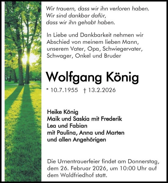 Traueranzeige von Wolfgang König von Darmstädter Echo