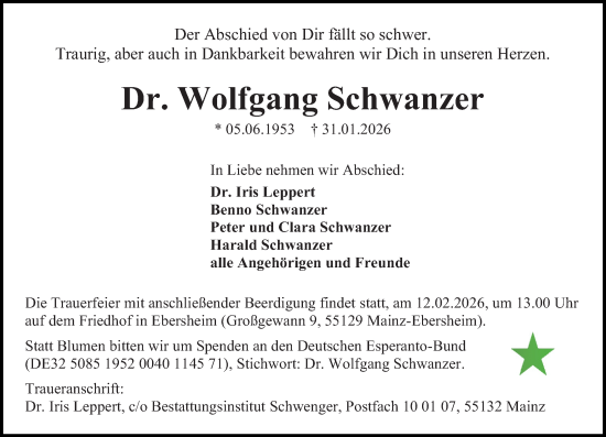 Traueranzeige von Wolfgang Schwanzer von Allgemeine Zeitung Mainz