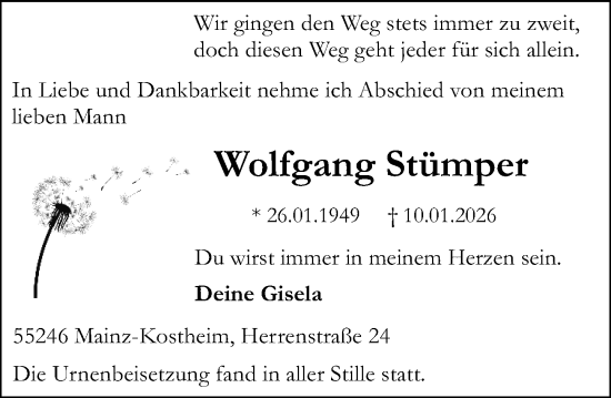 Traueranzeige von Wolfgang Stümper von Allgemeine Zeitung Mainz