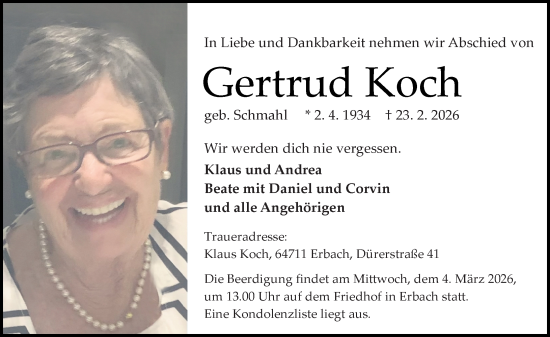 Traueranzeige von Gertrud Koch 