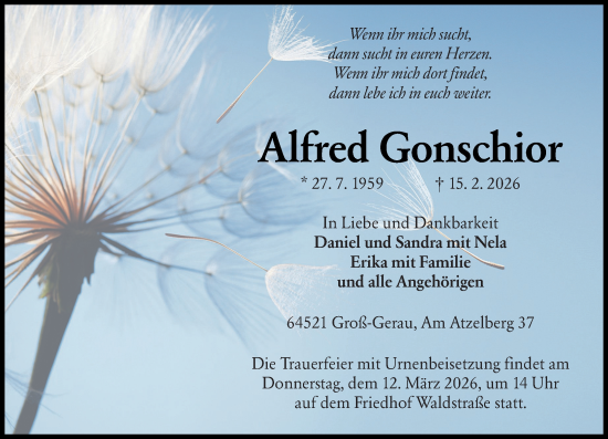 Traueranzeige von Alfred Gonschior von Groß-Gerauer Echo