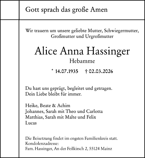 Traueranzeige von Alice Anna Hassinger von Allgemeine Zeitung Mainz