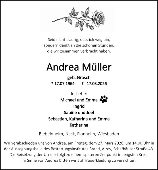 Traueranzeige von Andrea Müller von Allgemeine Zeitung Alzey