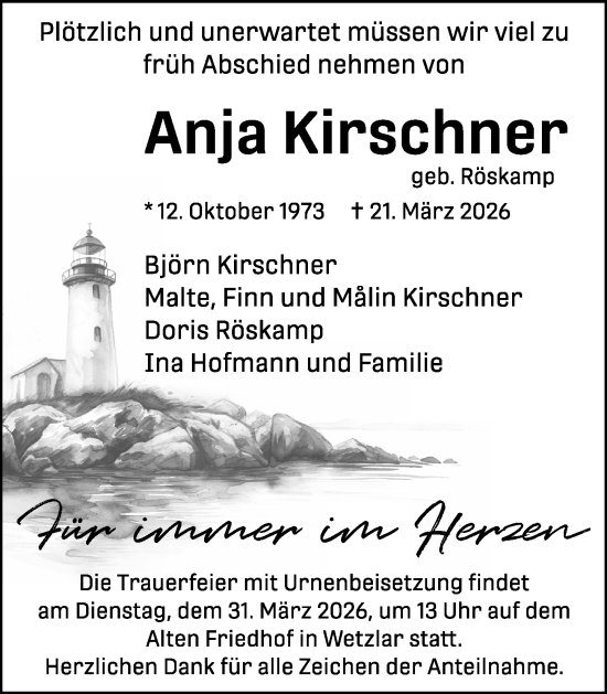 Traueranzeige von Anja Kirschner von Wetzlarer Neue Zeitung