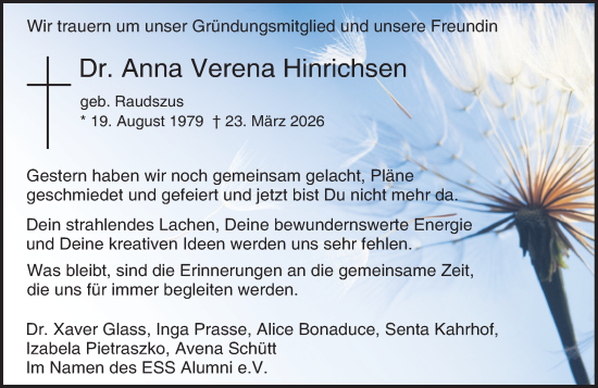 Traueranzeige von Anna Verena Hinrichsen von Darmstädter Echo