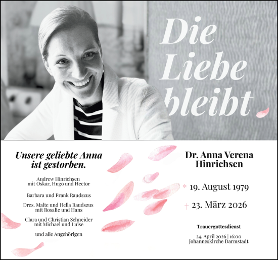Traueranzeige von Anna Verena Hinrichsen von Darmstädter Echo