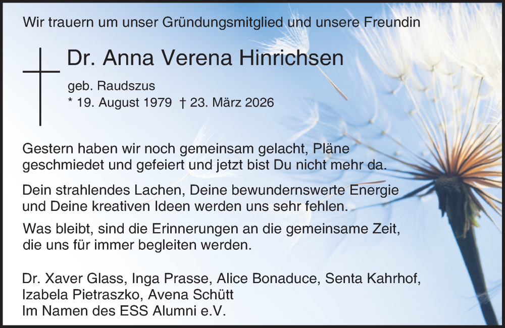  Traueranzeige für Anna Verena Hinrichsen vom 28.03.2026 aus Darmstädter Echo
