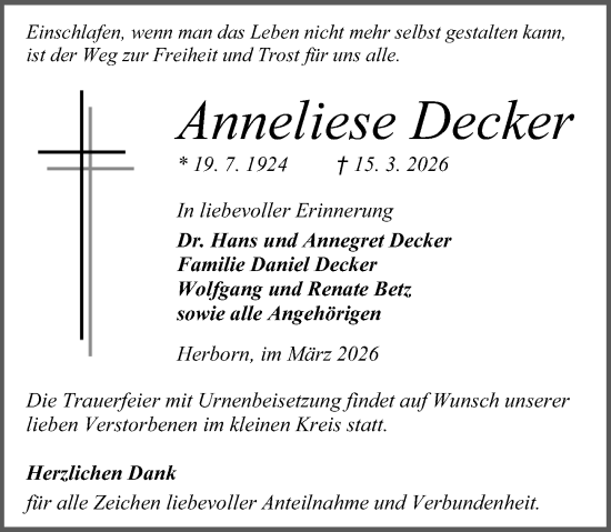 Traueranzeige von Anneliese Decker von Dill Block
