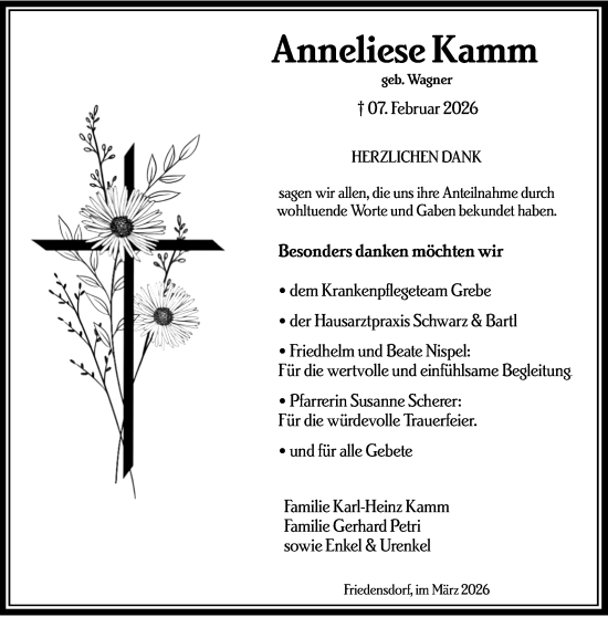 Traueranzeige von Anneliese Kamm von Hinterländer Anzeiger