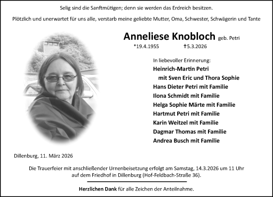 Traueranzeige von Anneliese Knobloch von Hinterländer Anzeiger