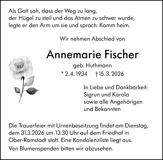 Traueranzeige von Annemarie Fischer von Darmstädter Echo
