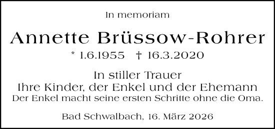 Traueranzeige von Annette Brüssow-Rohrer von Wiesbadener Kurier