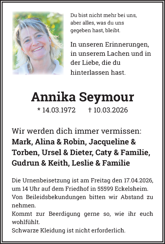 Traueranzeige von Annika Seymour von Allgemeine Zeitung Alzey