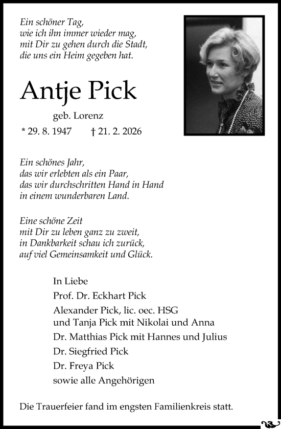 Traueranzeige von Antje Pick von Allgemeine Zeitung Mainz