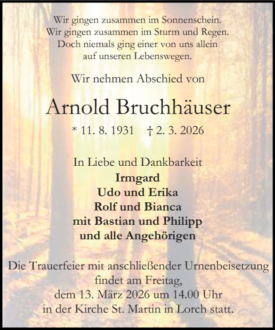 Traueranzeige von Arnold Bruchhäuser von Rheingau Kurier