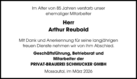 Traueranzeige von Arthur Reubold von Odenwälder Echo