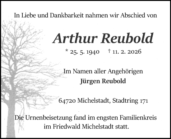 Traueranzeige von Arthur Reubold von Odenwälder Echo