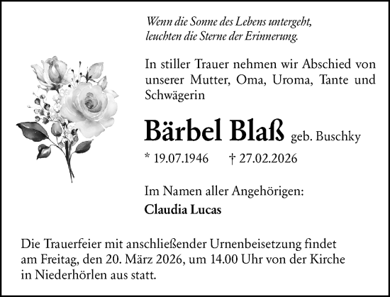 Traueranzeige von Bärbel Blaß von Hinterländer Anzeiger